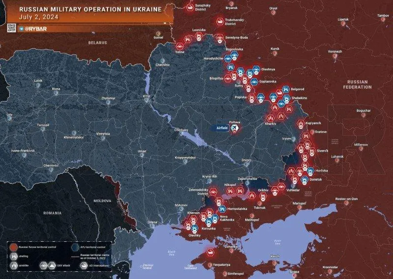 Bản đồ chiến sự Ukraine ngày 2/7. (Ảnh: Rybar)