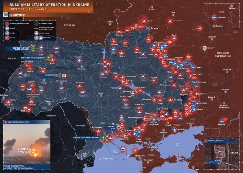 Bản đồ chiến sự Ukraine ngày 17/11. (Ảnh: Rybar)