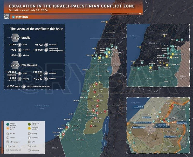 Bản đồ xung đột Israel - Hamas ngày 29/7. (Ảnh: Rybar)