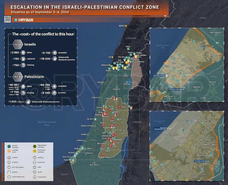 Bản đồ xung đột Israel - Hamas ngày 3-4/9. (Ảnh: Rybar)/-strong/-heart:>:o:-((:-h