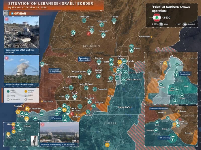 Bản đồ xung đột biên giới Israel-Hezbollah ngày 18/10. (Ảnh: Rybar)