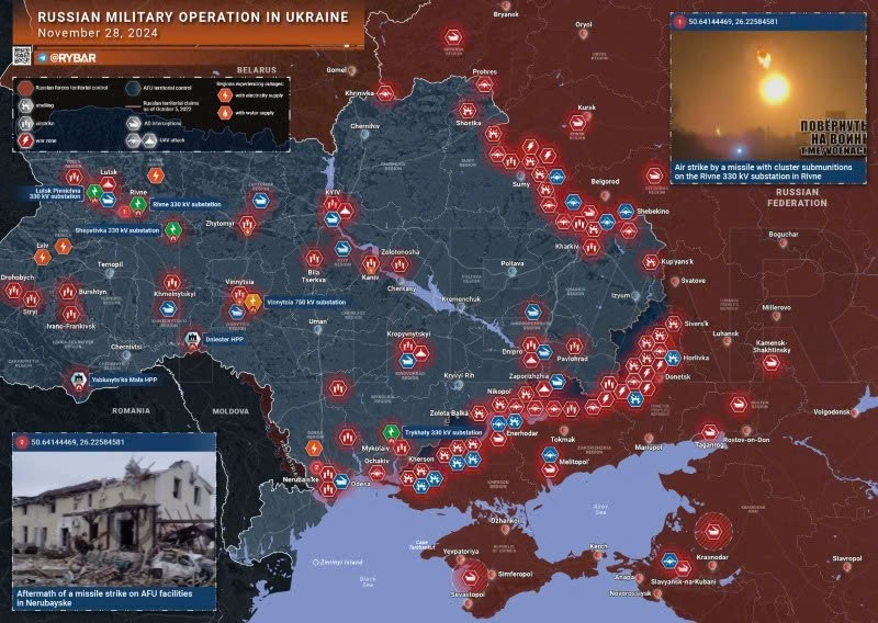 Bản đồ chiến sự Ukraine ngày 28/11. (Ảnh: Rybar) giao-tranh-du-doi-o-kupyansk-va-avdeevka-loat-khi-tai-bi-bo-lai-chien-truong-1.jpg