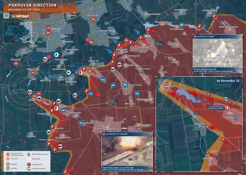 Bản đồ chiến sự Ukraine ngày 28/11, hướng Pokrovsk. (Ảnh: Rybar) giao-tranh-du-doi-o-kupyansk-va-avdeevka-loat-khi-tai-bi-bo-lai-chien-truong-2.jpg