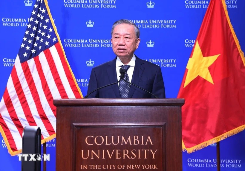 Tổng Bí thư, Chủ tịch nước Tô Lâm phát biểu chính sách tại Đại học Columbia. (Ảnh: Lâm Khánh/TTXVN) 