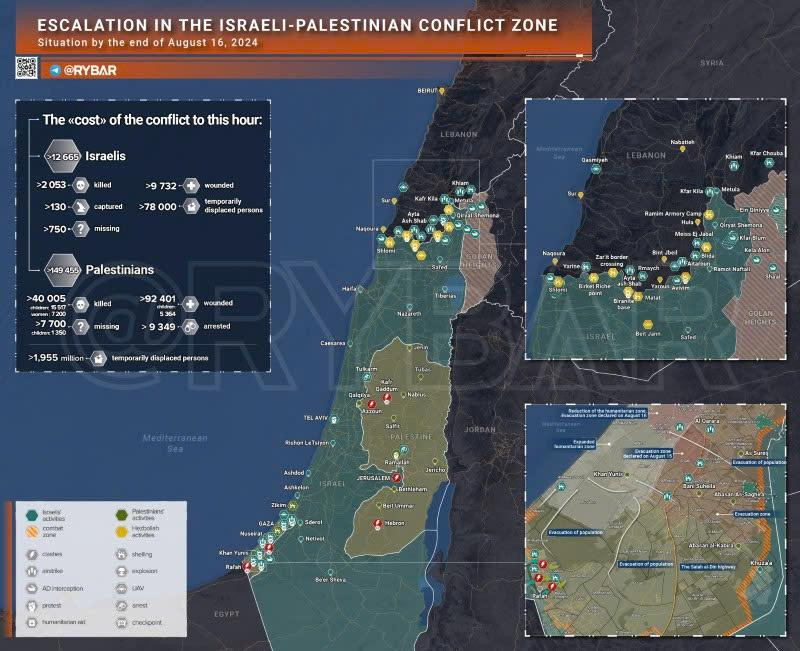 Bản đồ xung đột Israel - Hamas ngày 16/8. (Ảnh: Rybar).