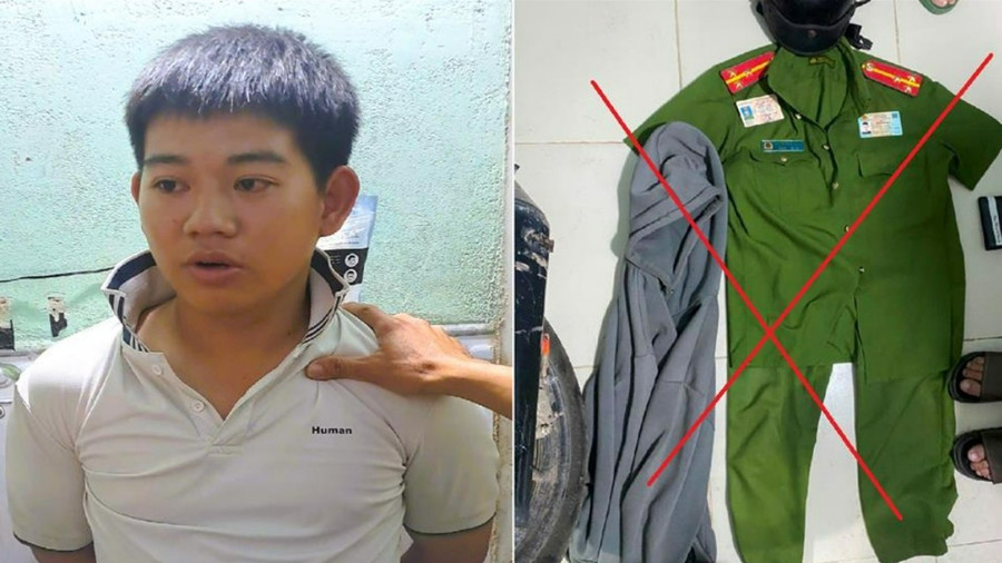 Nguyễn Phúc Thắng và trang phục giả danh Công an. (Ảnh: Công an Đồng Nai).