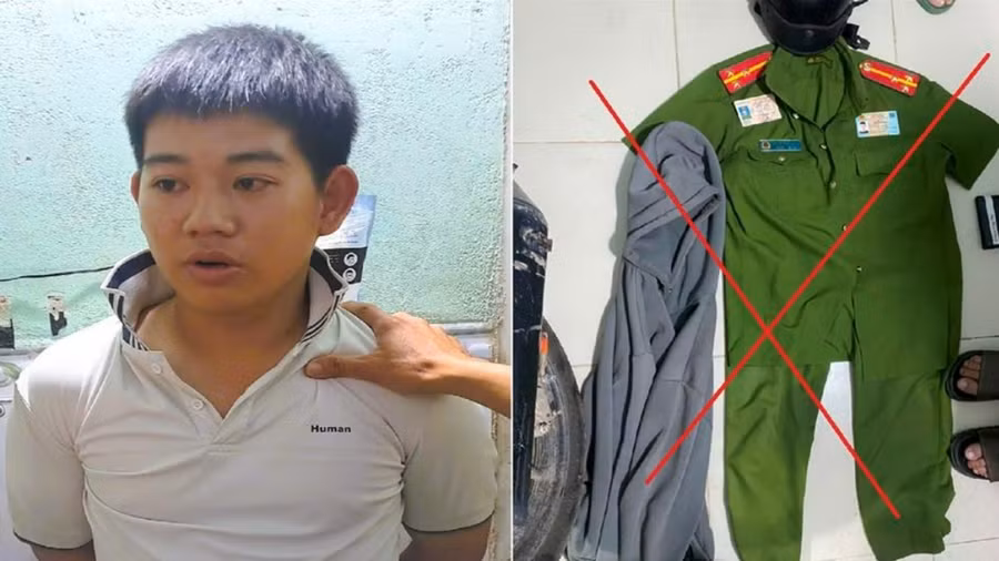 Nguyễn Phúc Thắng và trang phục giả danh Công an. (Ảnh: Công an Đồng Nai).