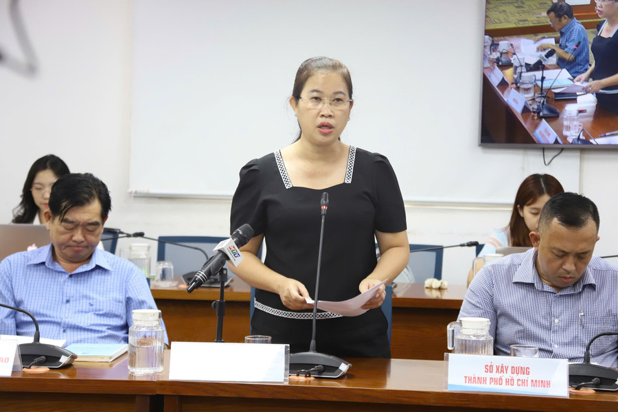 Bà Trần Lê Thanh Trúc, Trưởng phòng Việc làm - An toàn lao động (Sở Nội vụ TPHCM) tại họp báo. Ảnh: Phúc Uyên.