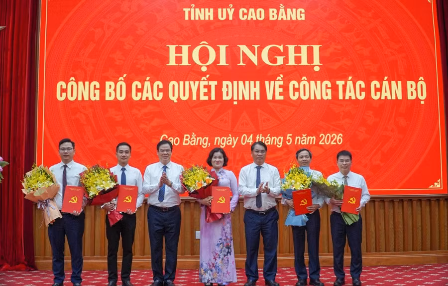 Lãnh đạo tỉnh Cao Bằng trao quyết định, chúc mừng các cán bộ nhận nhiệm vụ mới. Ảnh: BCB