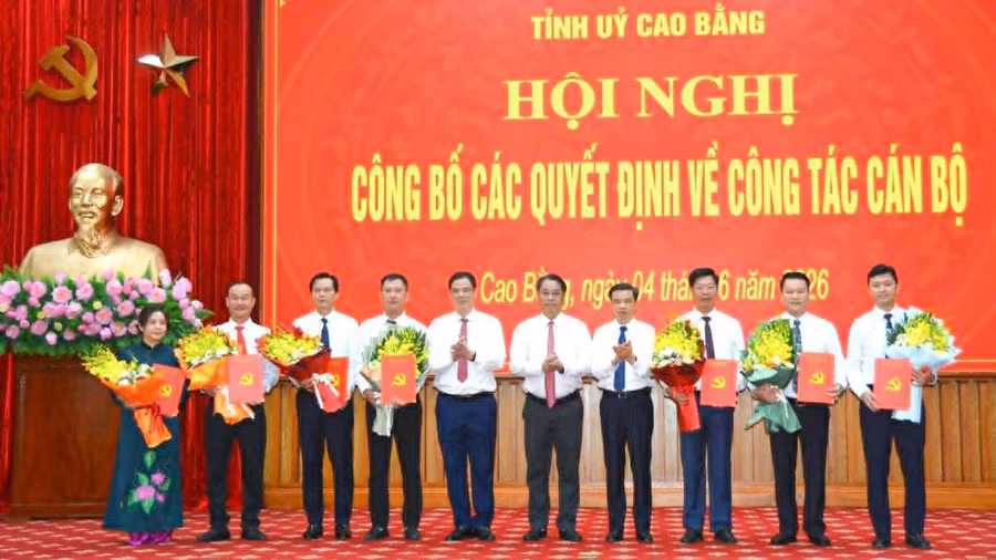 Lãnh đạo tỉnh Cao Bằng trao quyết định, chúc mừng các cán bộ nhận nhiệm vụ mới.