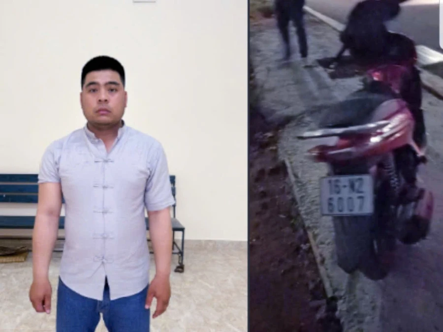 Nghi phạm Lê Viết Đoàn bị bắt cùng tang vật là chiếc xe máy mà y đã trộm cắp được của anh T.