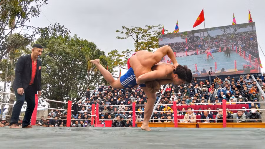 Các đô vật đến từ các tỉnh thành phố: Hà Nội, Bắc Ninh, Ninh Bình, Thanh Hoá và đội chủ nhà Hải Phòng thi đấu tại giải vật mùa xuân đình làng Vĩnh Khê, phường An Đồng, quận An Dương (Hải Phòng) ngày 4/2.