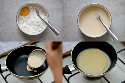 Để làm vỏ nem bạn cho bột mì, muối, sữa, bơ, nước và lòng đỏ trứng vào một cái bát, trộn đều hỗn hợp. Bạn lau chảo chống dính với một ít dầu ăn, đun nóng chảo rồi đổ 60ml hỗn hợp bột vào chảo, nghiêng chảo để bột dàn đều trong lòng chảo. Đun trên lửa vừa trong khoảng 1-2 phút cho đến khi mép vỏ nem hơi cong lên là được. Tiếp tục với các phần hỗn hợp vỏ nem còn lại. Để làm vỏ nem bạn cho bột mì, muối, sữa, bơ, nước và lòng đỏ trứng vào một cái bát, trộn đều hỗn hợp. Bạn lau chảo chống dính với một ít dầu ăn, đun nóng chảo rồi đổ 60ml hỗn hợp bột vào chảo, nghiêng chảo để bột dàn đều trong lòng chảo. Đun trên lửa vừa trong khoảng 1-2 phút cho đến khi mép vỏ nem hơi cong lên là được. Tiếp tục với các phần hỗn hợp vỏ nem còn lại.