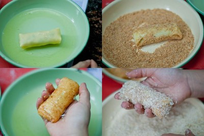 Lăn nem qua lòng trắng trứng, sau đó lăn qua vụn bánh mì xay, tiếp tục lăn qua lòng trắng trứng và lại lăn qua vụn bánh mì thô. Lăn nem qua lòng trắng trứng, sau đó lăn qua vụn bánh mì xay, tiếp tục lăn qua lòng trắng trứng và lại lăn qua vụn bánh mì thô.