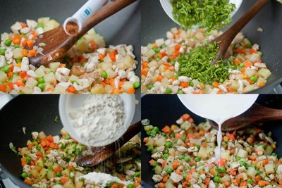 Thêm cà rốt, khoai tây thái hạt lựu và đậu hà lan vào chảo, xào khoảng 2 phút sau đó nêm hạt nhục đậu khấu, hạt tiêu và muối, thêm cần tây xắt nhỏ vào đảo chung. Thêm cà rốt, khoai tây thái hạt lựu và đậu hà lan vào chảo, xào khoảng 2 phút sau đó nêm hạt nhục đậu khấu, hạt tiêu và muối, thêm cần tây xắt nhỏ vào đảo chung.