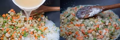 Thêm bột mì vào và đảo liên tục trong 5 phút. Thêm sữa, nước dùng gà vào chảo để hỗn hợp hơi sôi trong 5 phút đến khi hỗn hợp đặc sánh lại sau đó tắt bếp để cho hỗn hợp nguội.