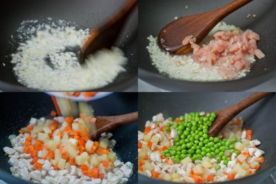 Đun nóng dầu ăn trong chảo với lửa vừa, cho hành tây vào xào trong khoảng 3 phút, sau đó cho thịt gà thái nhỏ vào xào chung khoảng 3 phút nữa. Đun nóng dầu ăn trong chảo với lửa vừa, cho hành tây vào xào trong khoảng 3 phút, sau đó cho thịt gà thái nhỏ vào xào chung khoảng 3 phút nữa.