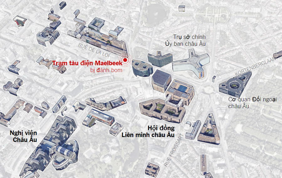 Ga tàu điện ngầm bị đánh bom vốn nhộn nhịp đông người và nằm ở trung tâm khu vực được gọi là "Bộ tứ châu Âu". Đồ họa: New York Times Ga tàu điện ngầm bị đánh bom vốn nhộn nhịp đông người và nằm ở trung tâm khu vực được gọi là "Bộ tứ châu Âu". Đồ họa: New York Times