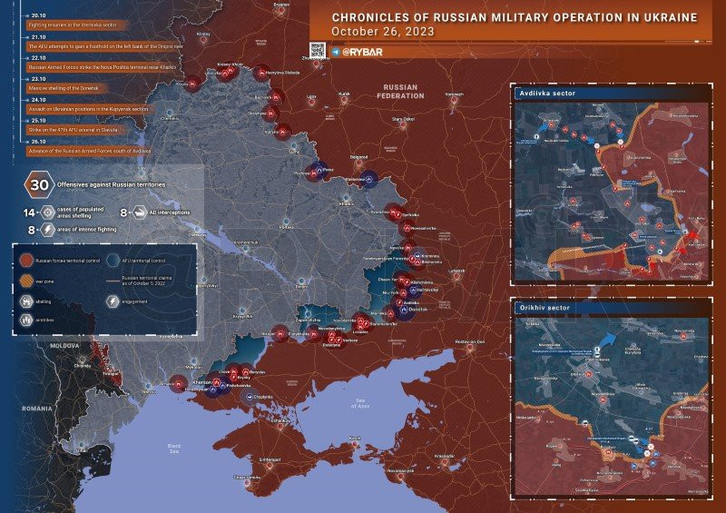 Bản đồ chiến sự Ukraine ngày 26/10. (Ảnh: Rybar)
