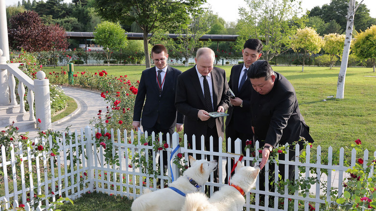 Nhà lãnh đạo Triều Tiên Kim Jong-un tặng Tổng thống Nga Vladimir Putin một cặp chó trong khu vườn của Nhà khách Quốc gia Kumsusan ngày 19/6. Ảnh: AFP