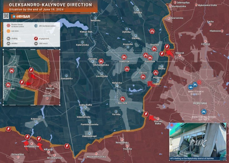 Bản đồ chiến sự Ukraine ngày 19/6, hướng Oleksandro - Kalynove. (Ảnh: Rybar) Bản đồ chiến sự Ukraine ngày 19/6, hướng Oleksandro - Kalynove. (Ảnh: Rybar)
