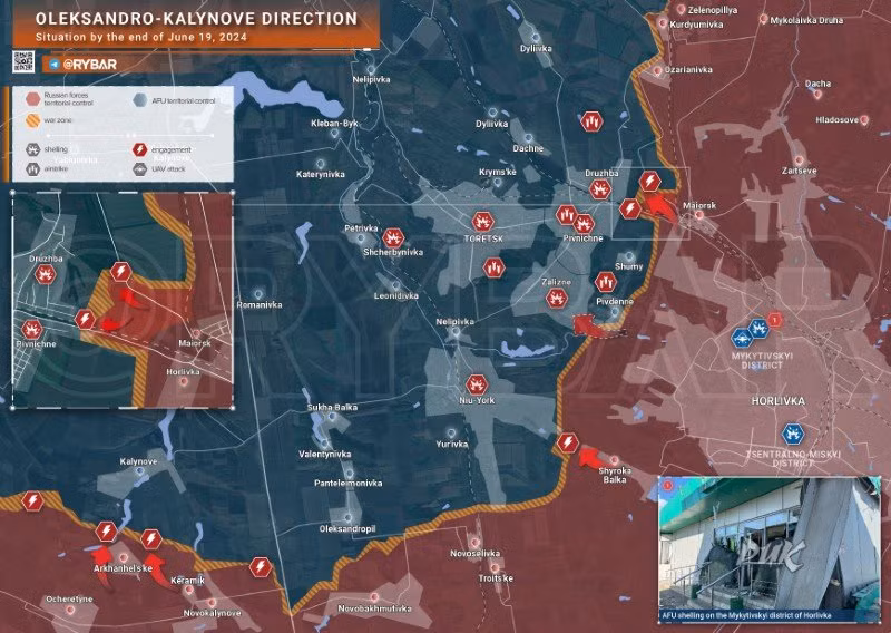 Bản đồ chiến sự Ukraine ngày 19/6, hướng Oleksandro - Kalynove. (Ảnh: Rybar)