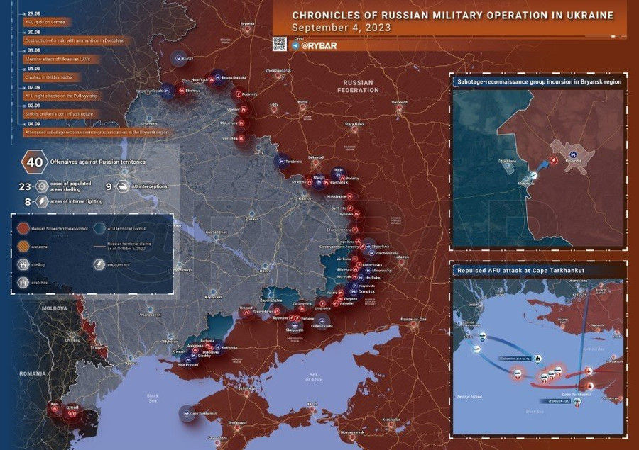 Bản đồ chiến sự Ukraine ngày 4/9. Ảnh: Rybar. Bản đồ chiến sự Ukraine ngày 4/9. Ảnh: Rybar.