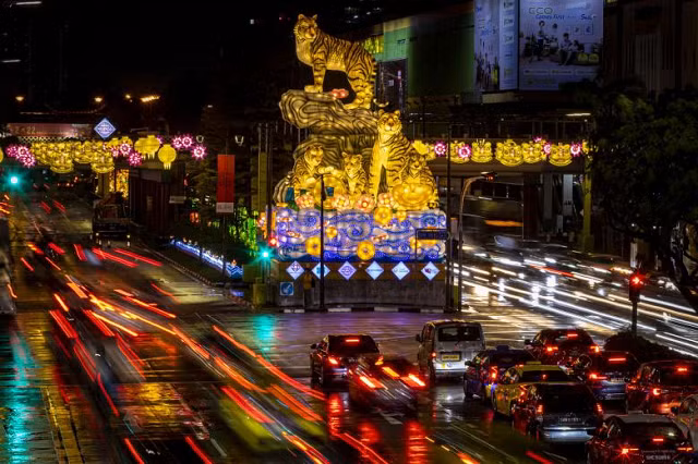 Một chiếc đèn lồng cao 10,5 m hình gia đình hổ giữa dòng xe cộ dọc phố Eu Tong Sen ở Singapore.