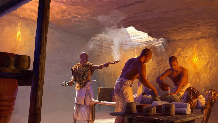 Minh họa cảnh ướp xác có sự xuất hiện của một linh mục trong căn phòng dưới lòng đất của xưởng.