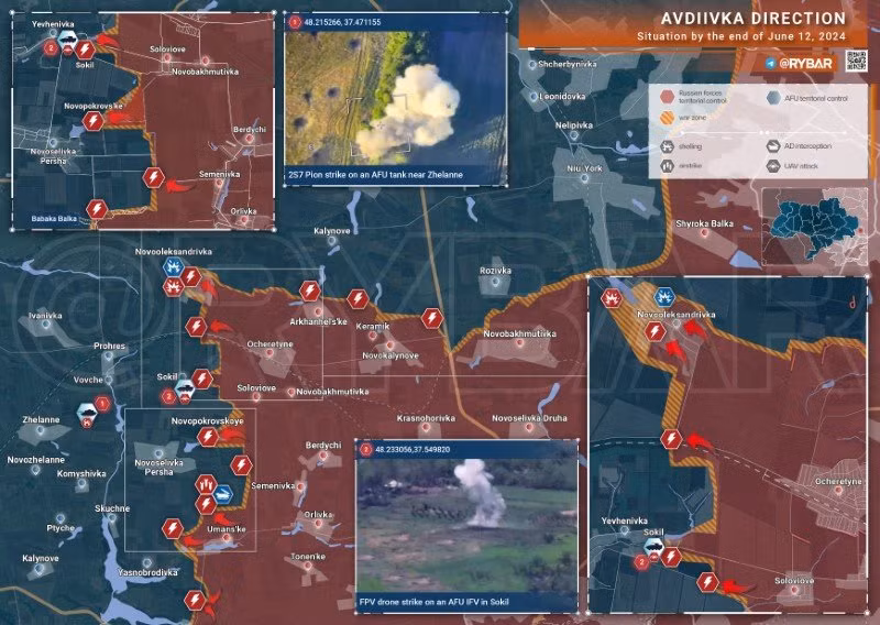 Bản đồ chiến sự Ukraine ngày 12/6, hướng Avdeevka. (Ảnh: Rybar)