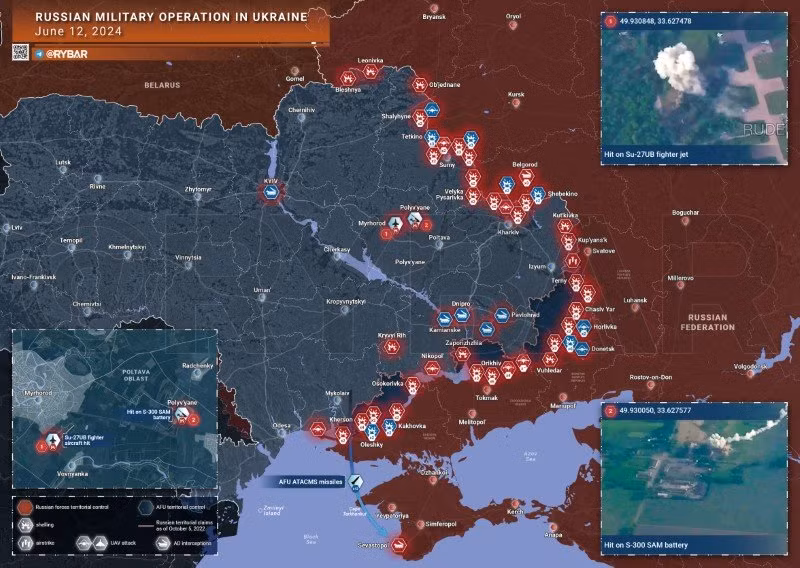 Bản đồ chiến sự Ukraine ngày 12/6. (Ảnh: Rybar)