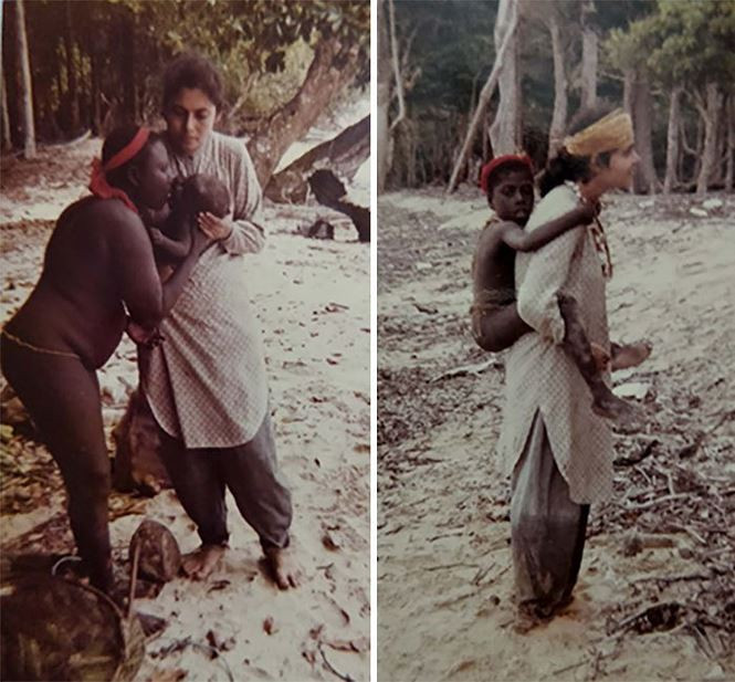 Madhumala bế một em bé của bộ tộc Jarawa