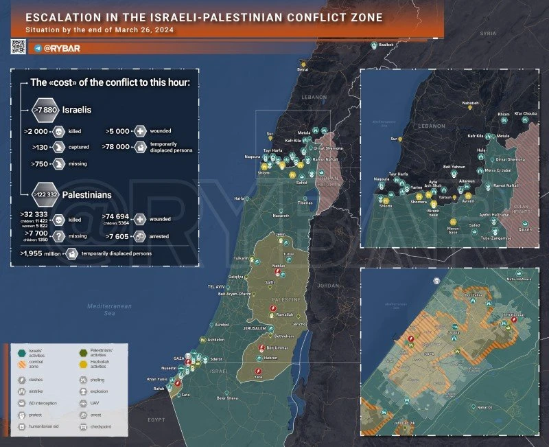 Bản đồ xung đột Israel - Hamas ngày 26/3. (Ảnh: Rybar)