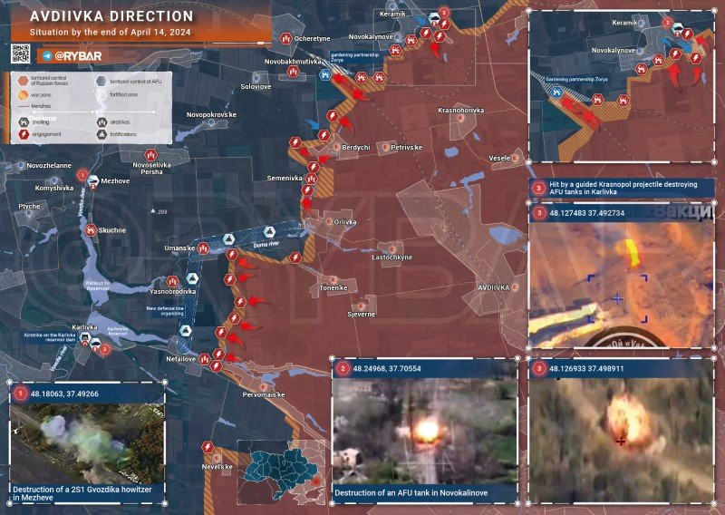 Bản đồ chiến sự Ukraine ngày 14/4, hướng Avdeevka. (Ảnh: Rybar) Bản đồ chiến sự Ukraine ngày 14/4, hướng Avdeevka. (Ảnh: Rybar)
