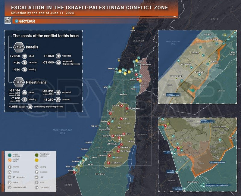 Bản đồ xung đột Israel - Hamas ngày 11/6. (Ảnh: Rybar)