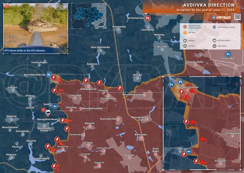 Bản đồ chiến sự Ukraine ngày 11/6, hướng Avdeevka. (Ảnh: Rybar)