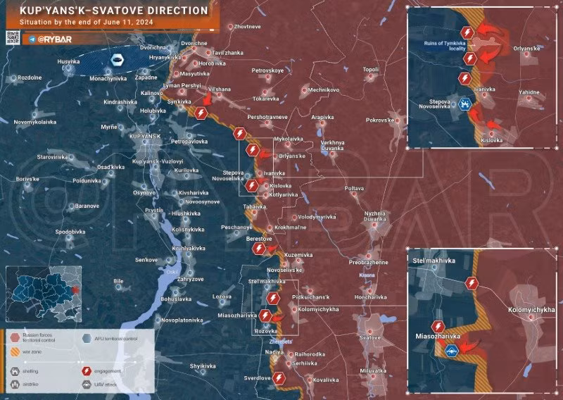 Bản đồ chiến sự Ukraine ngày 11/6, hướng Kupyansk. (Ảnh: Rybar)