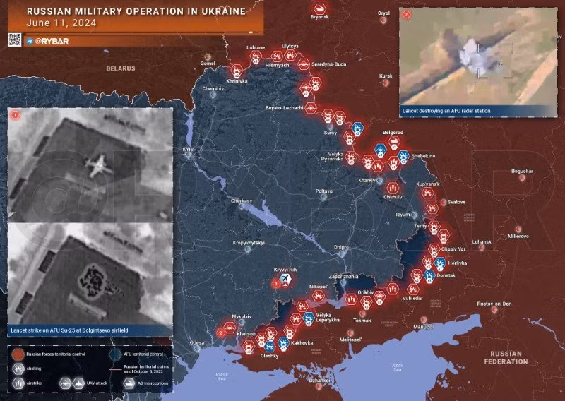 Bản đồ chiến sự Ukraine ngày 11/6. (Ảnh: Rybar)