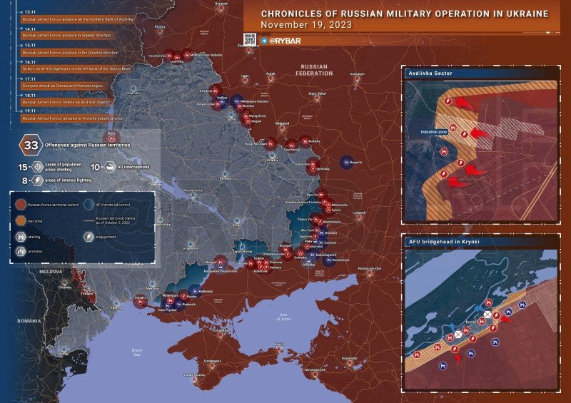 Bản đồ chiến sự Ukraine ngày 19/11. (Ảnh: Rybar). Bản đồ chiến sự Ukraine ngày 19/11. (Ảnh: Rybar).