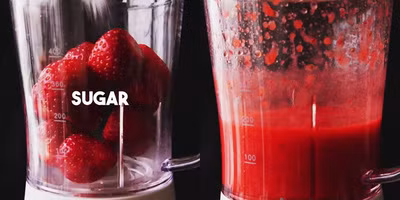 Cho dâu, đường, nước cốt chanh vào máy xanh sinh tố xay nhuyễn.