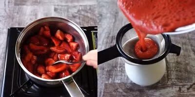 Cắt dâu thành lát nhỏ cho vào nồi đun cùng với 50ml nước và 50g đường. Đến khi dâu sôi, khuấy cho hỗn hợp mịn màng thì tắt lửa, lọc qua rây lấy nước.