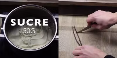 Cho whipping cream và đường cùng vani vào nồi để lửa vừa.