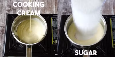 Ngâm gelatin vào nước khoảng 5 phút. Cho whipping cream và đường cùng vani vào nồi để lửa vừa. Dùng phới gỗ trộn đều một lát thì tắt lửa và lưu ý rằng không để cho hỗn hợp sôi nhé!