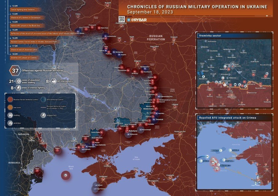 Bản đồ chiến sự Ukraine ngày 18/9. (Ảnh: Rybar). Bản đồ chiến sự Ukraine ngày 18/9. (Ảnh: Rybar).