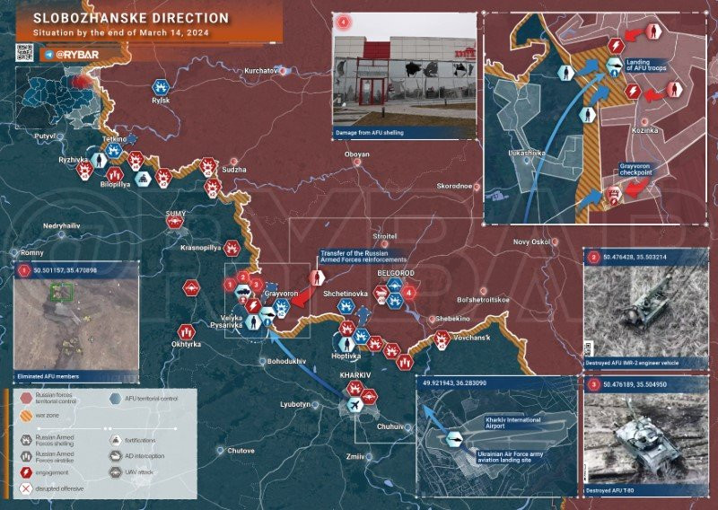 Bản đồ chiến sự Ukraine ngày 14/3, hướng Slobozhanske. (Ảnh: Rybar) Bản đồ chiến sự Ukraine ngày 14/3, hướng Slobozhanske. (Ảnh: Rybar)