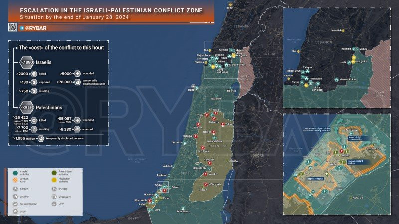 Bản đồ xung đột Israel - Hamas ngày 28/1. (Ảnh: Rybar) Bản đồ xung đột Israel - Hamas ngày 28/1. (Ảnh: Rybar)