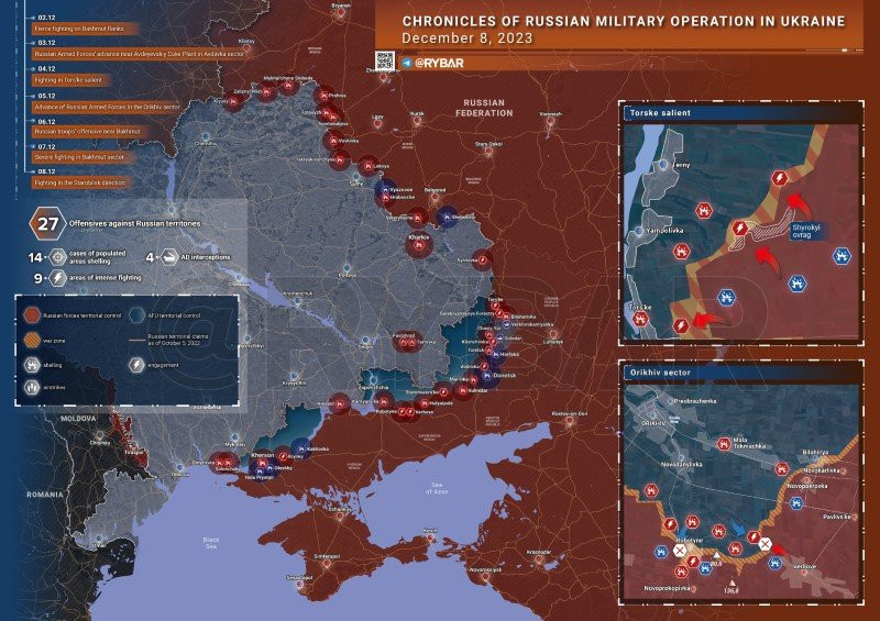Bản đồ chiến sự Ukraine ngày 8/12. (Ảnh: Rybar)