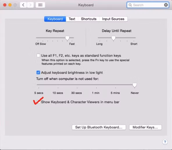 Máy Mac bật bàn phím ảo như thế nào: Đánh dấu “Show Keyboard & Character Viewers in menu bar” rồi đóng cửa sổ lại. A3-May-Mac-Ban-phim-ao-Keyboard-Viewer-Apple-MacBook-Mac-OS-X.jpg
