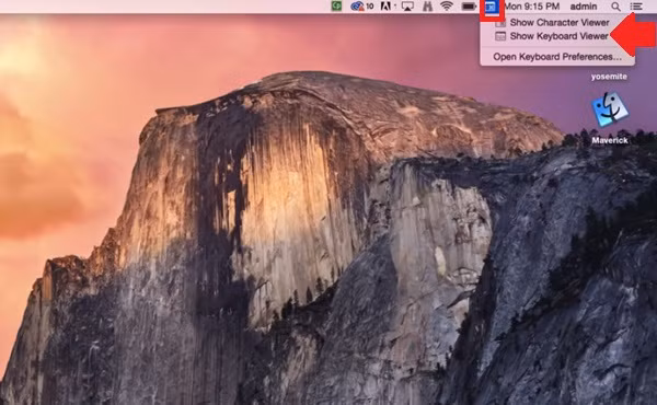 Máy Mac bật bàn phím ảo như thế nào: Bây giờ để mở bàn phím ảo chúng ta sẽ bấm vào biểu tượng nhập liệu trên góc phải rồi chọn Show Keyboard Viewer (mũi tên). A4,5-May-Mac-Ban-phim-ao-Keyboard-Viewer-Apple-MacBook-Mac-OS-X.jpg