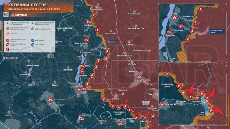 Bản đồ chiến sự Ukraine ngày 23/1, khu vực Kreminna. (Ảnh: Rybar)